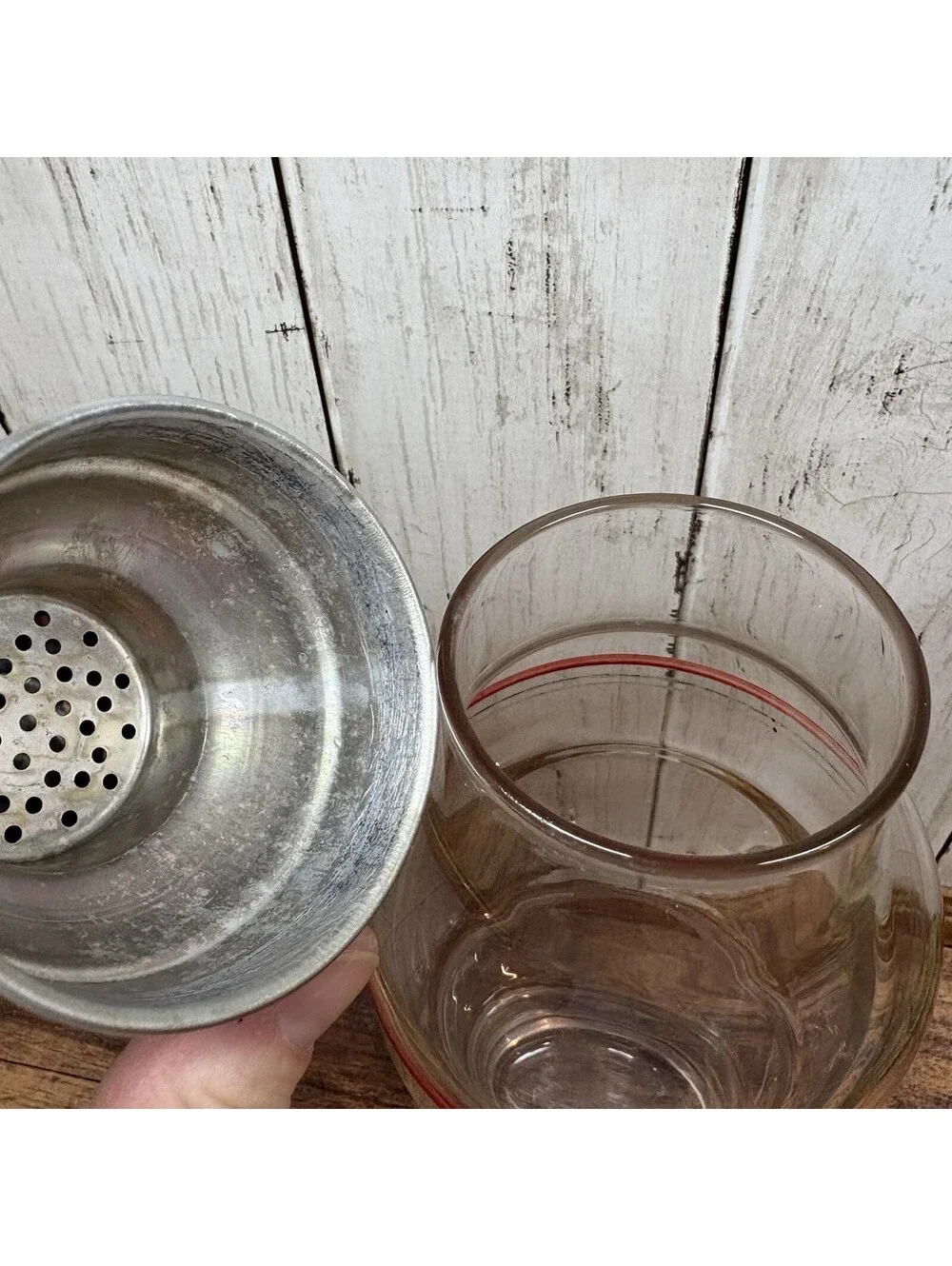 Vintage Cocktail Shaker Red Stripe Art Deco Glass MCM Aluminum Cap Drink Mixer
